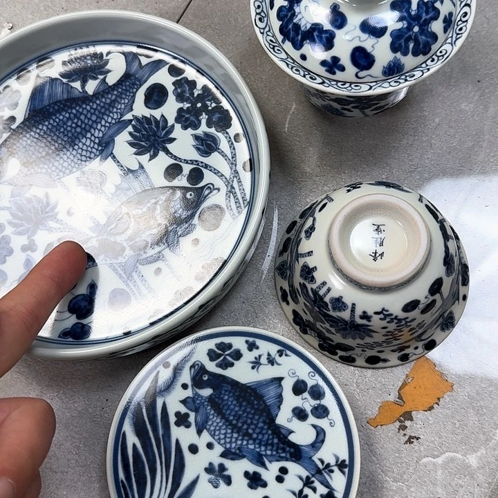 瓷片青花鱼藻4件套景德镇