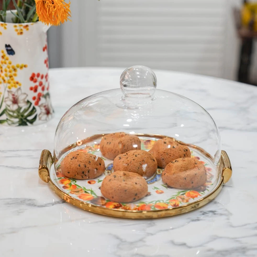 【奇居】高白强化瓷带玻璃盖描金郁金香12寸蛋糕盘#CP201