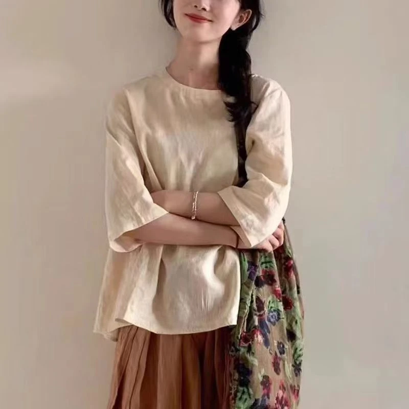 棉麻套装2025夏季新款五分袖上衣宽松显瘦阔腿裤裙简约两件套女装