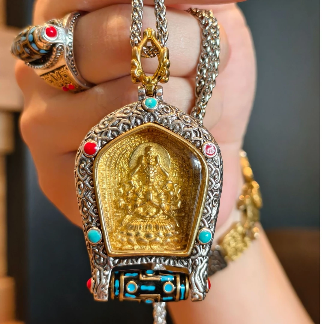 铜合金项链 万佛朝宗祥云本命佛转动吊坠男黄绿度母项链男女