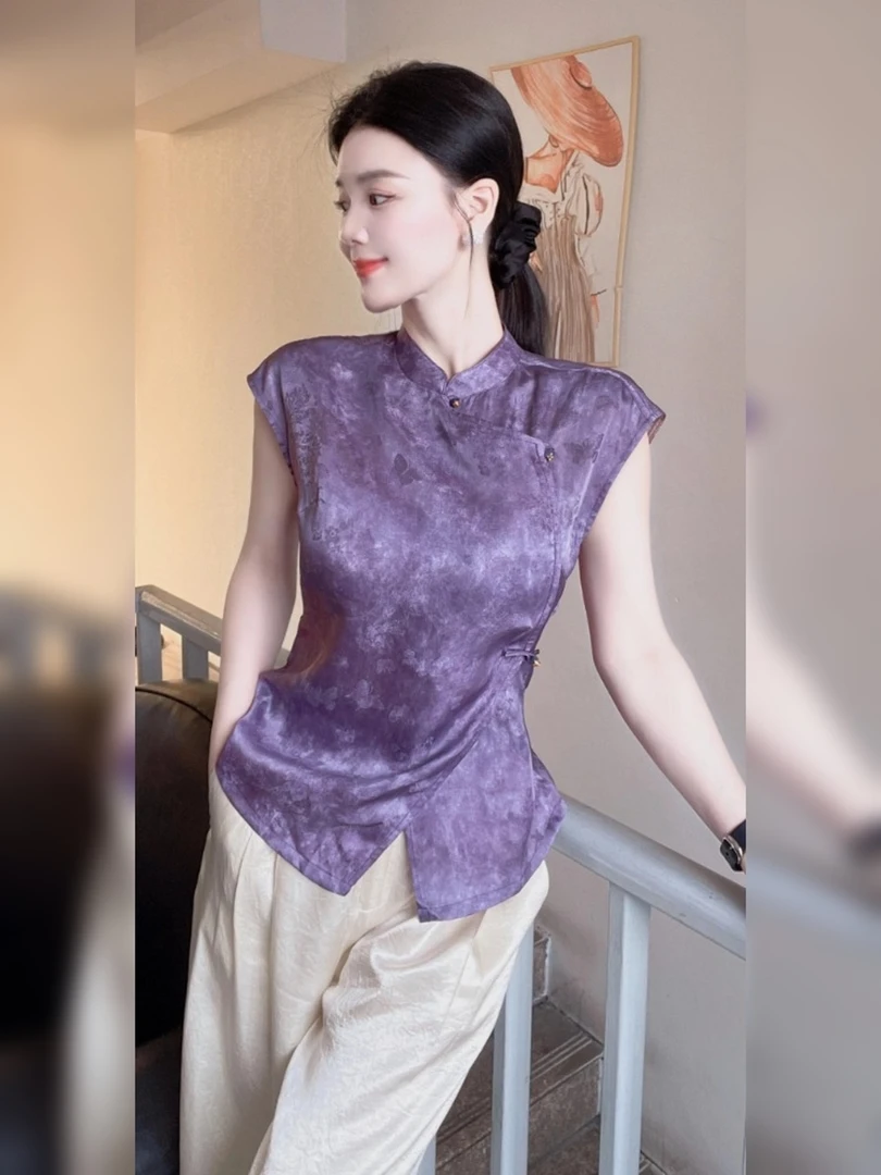 新中式国风元素高端大气上档次上衣高级感紫色立领印花衬衫女夏季