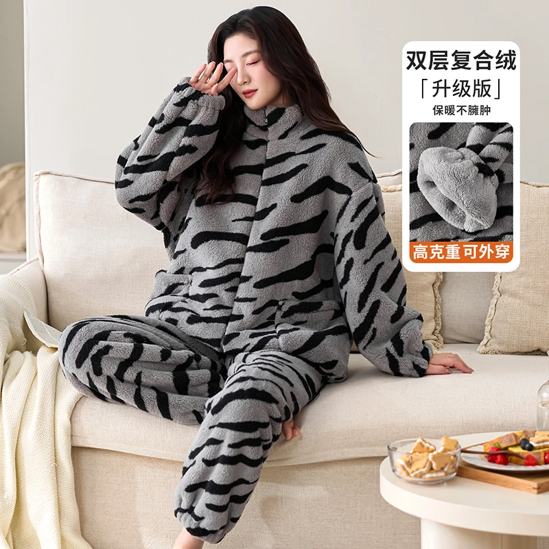 睡衣女秋冬季双层复合加绒加厚珊瑚绒女士法兰绒可外穿家居服套装
