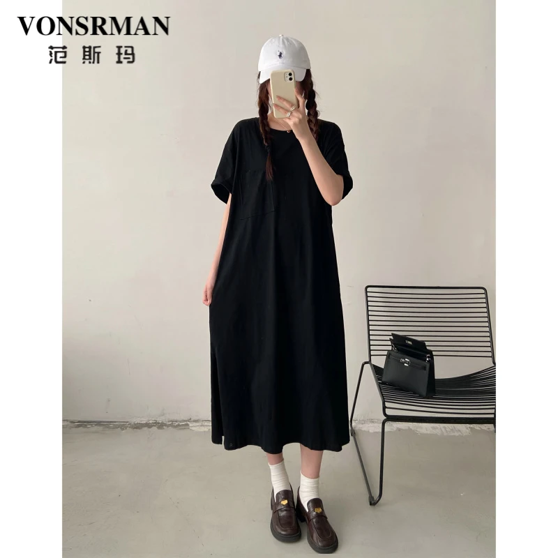 大码短袖连衣裙女2025夏季新款圆领通勤休闲简约宽松直筒T恤长裙