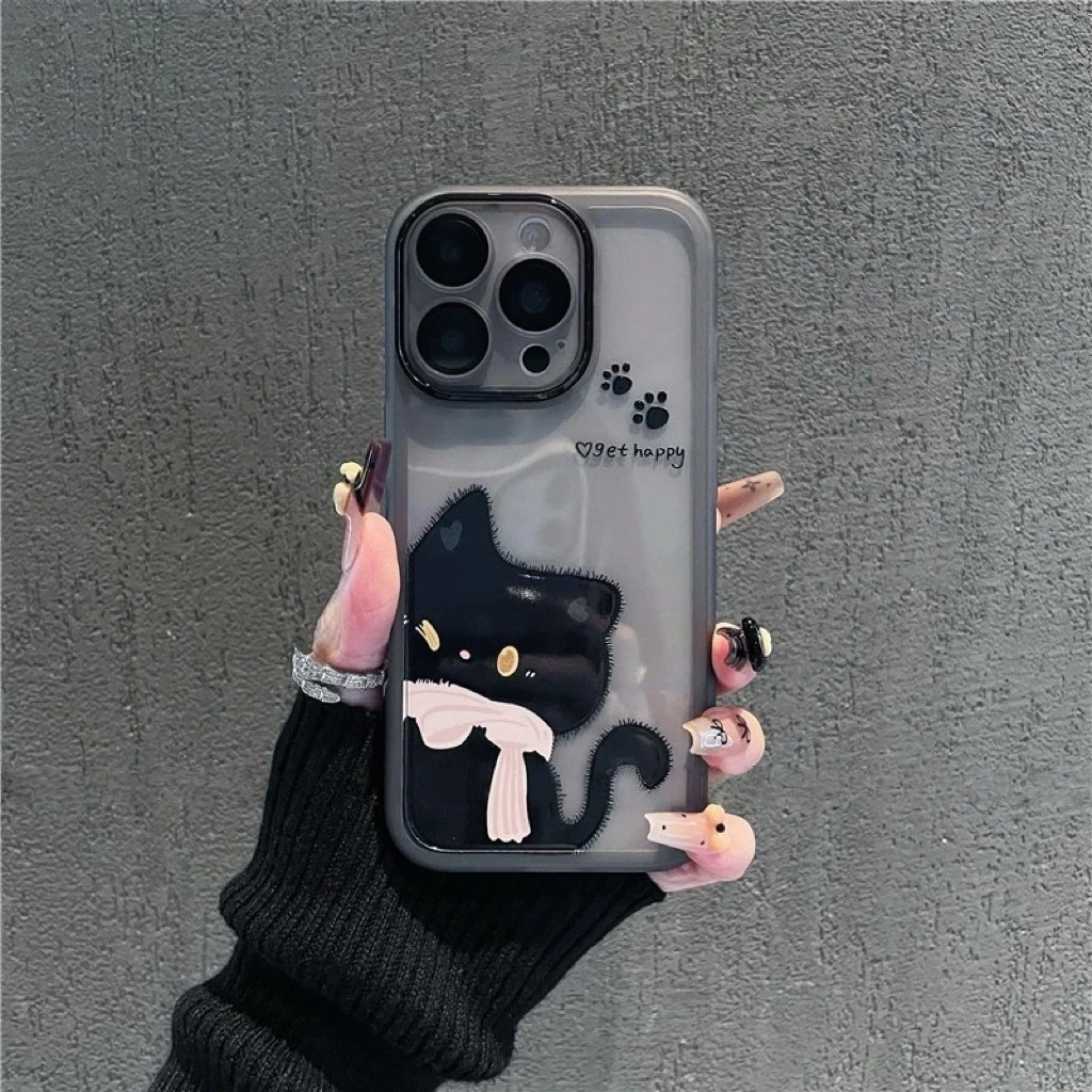 适用脚印黑猫苹果17promax金属镜框手机壳华为oppo小米15vivo透