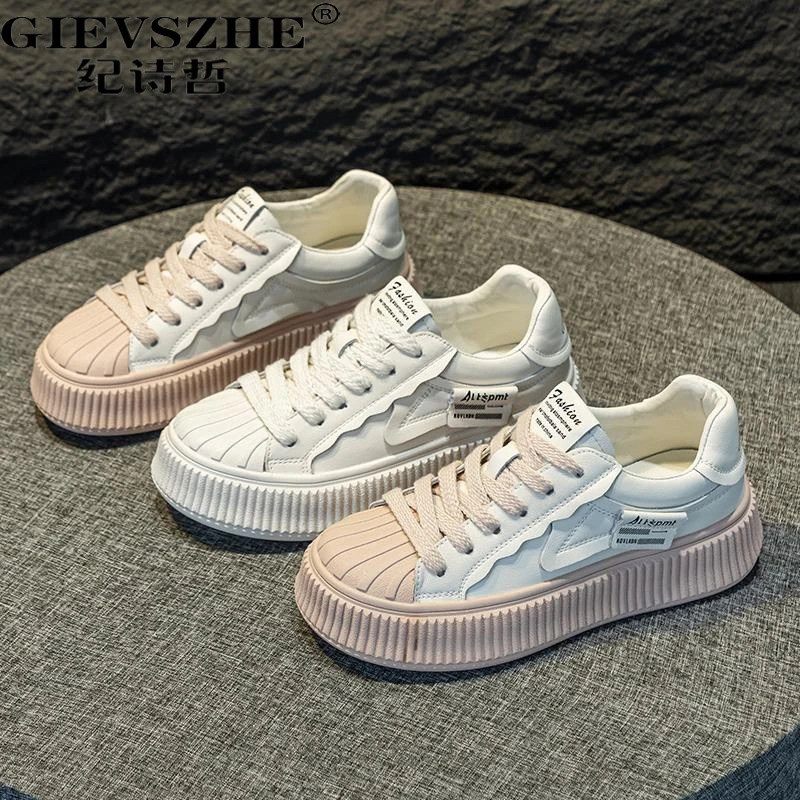 纪诗哲贝壳头小白鞋女秋季新款时尚初秋穿搭贝壳头女士真皮小白鞋