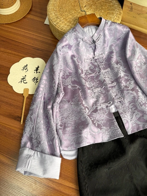 女新中式宽松大码春秋外套女装上衣提花紫色女装C368