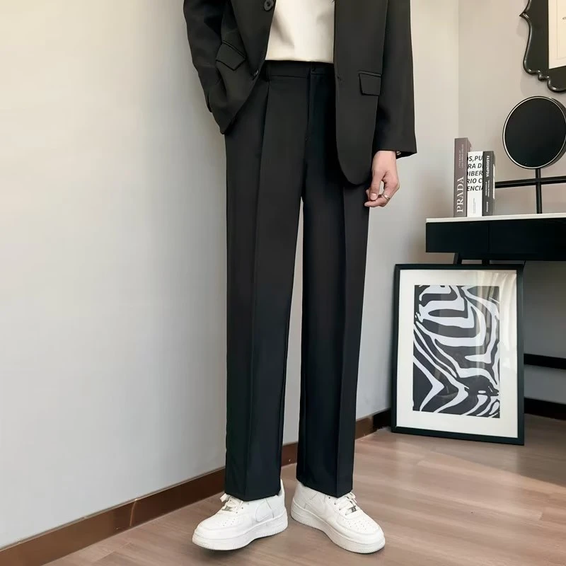 春秋季垂感宽松裤子男士直筒西裤半松紧休闲裤高级痞帅阔腿长裤
