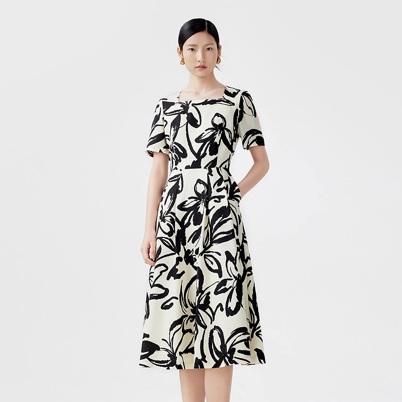 【商场同款】LANCY/朗姿夏季新款方领短袖印花桑蚕丝连衣裙女法