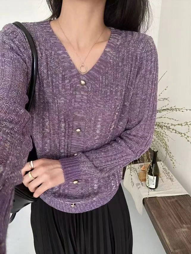 【花纱金扣~紫】独特别致针织衫2025新款宽松薄款打底上衣