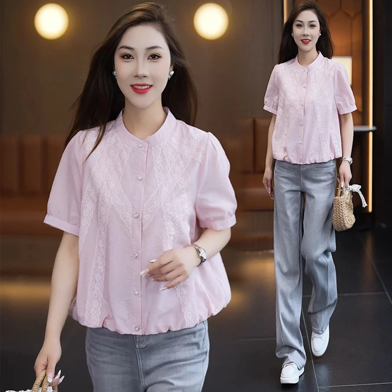 夏季短款圆领短袖衬衫女2025新款时尚洋气百搭宽松显瘦休闲衬衣潮