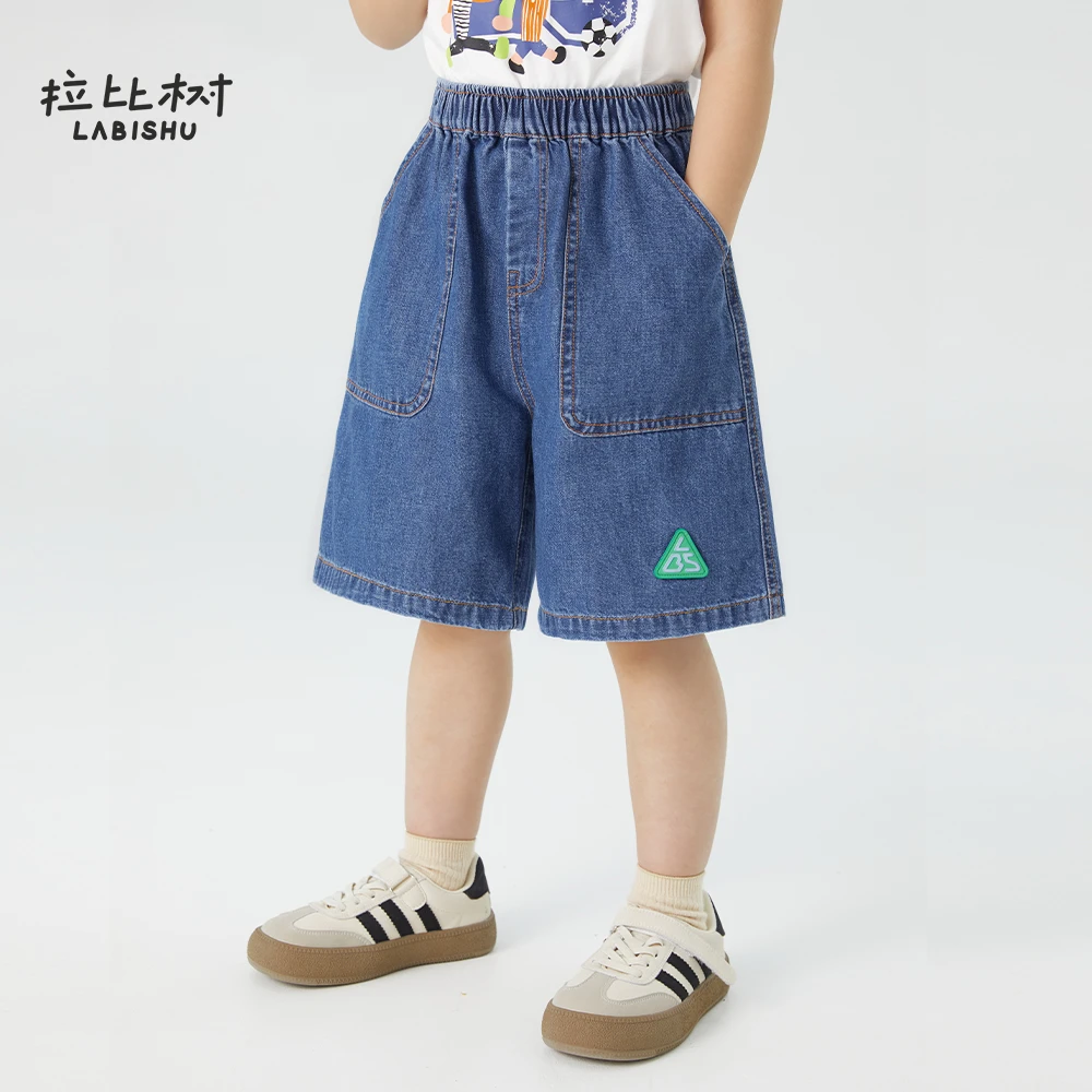 拉比树2025新款男童女童中裤夏季拼接牛仔裤中腰五分裤春季牛仔短