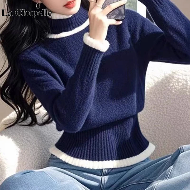 拉夏贝尔藏蓝色慵懒高领毛衣女冬季新款高级感加厚显瘦针织衫上衣