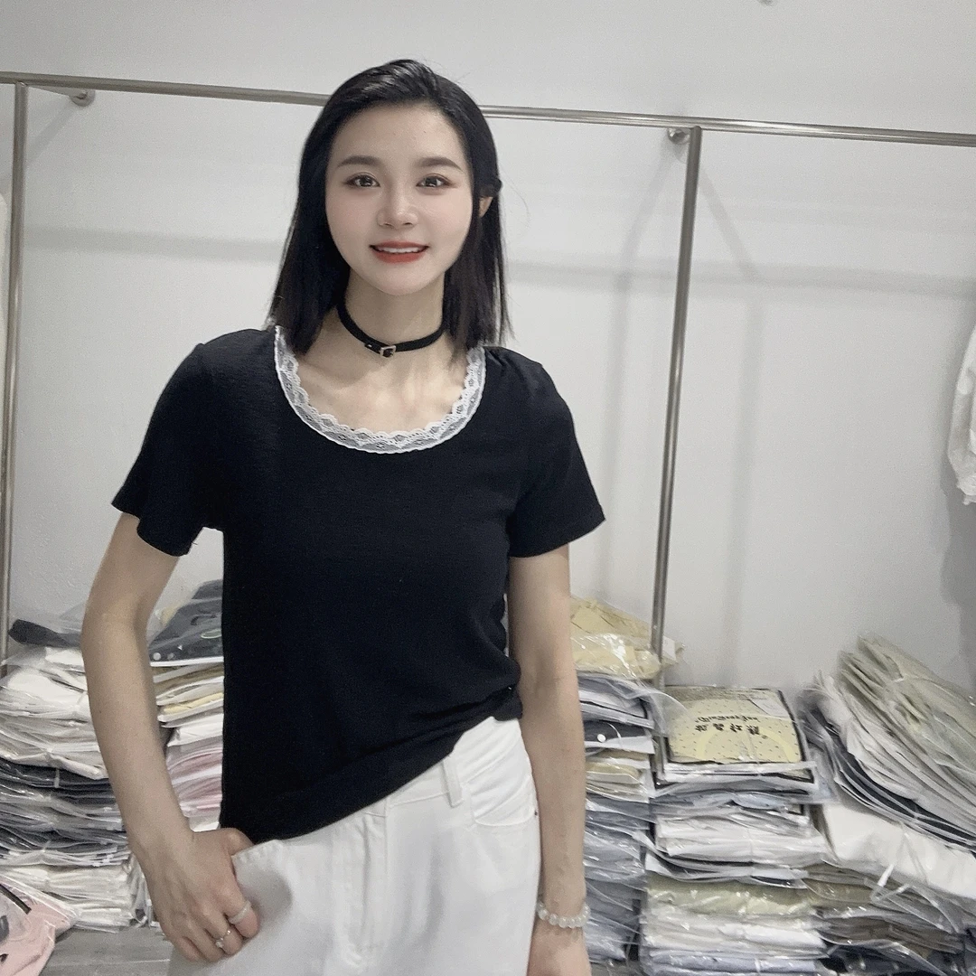 LMM 2602 灰色复古蕾丝边圆领短袖T恤女春夏新款时髦街头穿搭显瘦