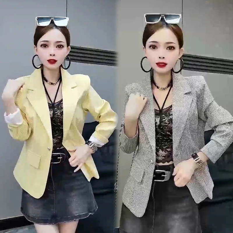 欧货洋气时尚气质百搭色织格子西服领单粒扣长袖收腰显瘦西服上衣