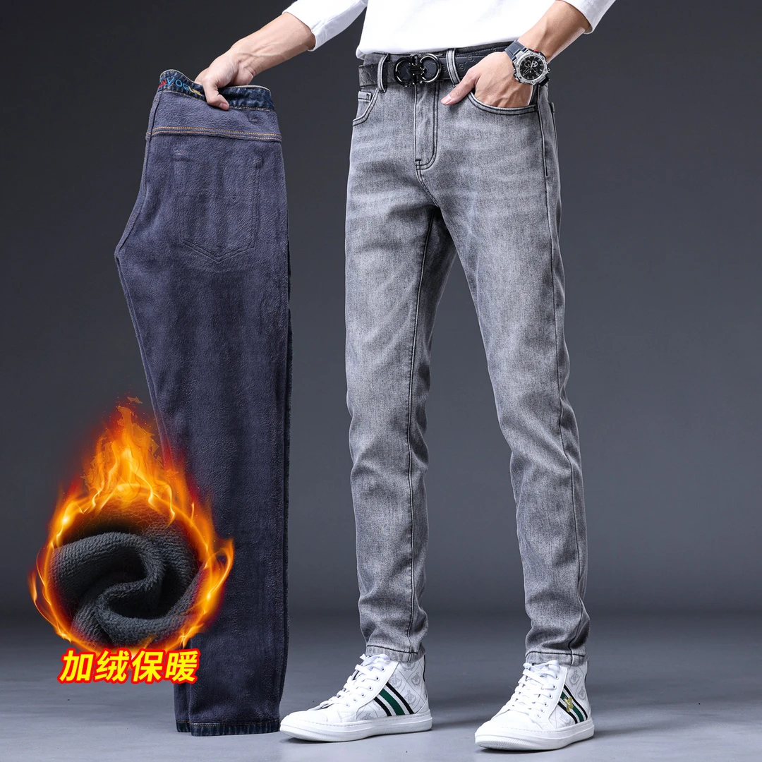 欧货时尚冬季加绒加厚男士牛仔裤弹力修身小直筒休闲高级长裤子男