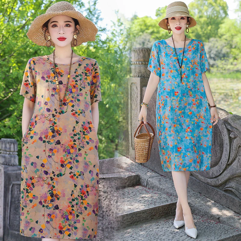 夏季中老年气质新款显瘦大码宽松棉绸妈妈短袖连衣裙碎花长款裙子