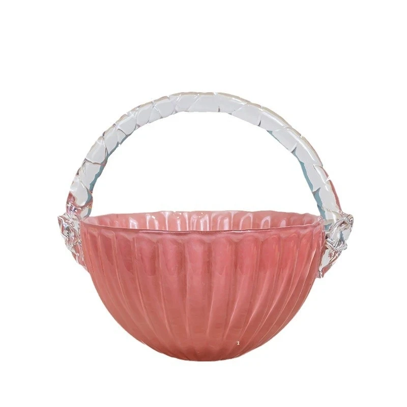 秋粉手提果篮果盘玻璃条纹花边家用果斗轻奢简约风格居家装饰摆件
