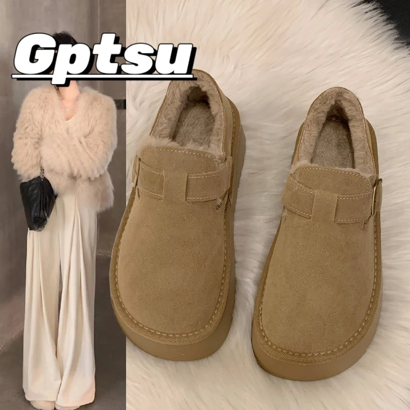 GPTSu厚底保暖雪地靴女加绒加厚勃肯鞋冬季新款毛毛低帮外穿棉鞋