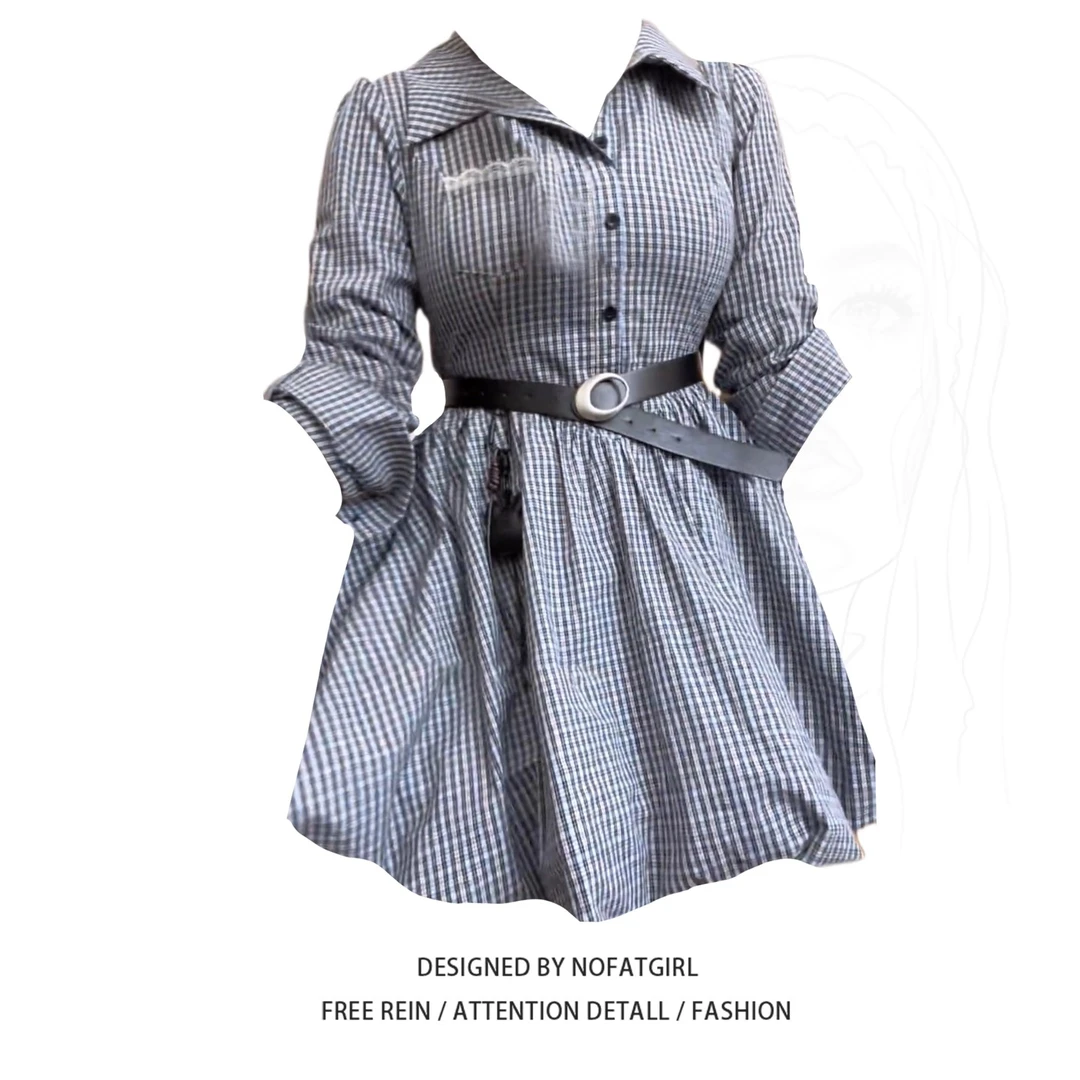 大码胖MM韩系polo领格子衬衫连衣裙女早秋新款收腰显瘦花苞短裙子