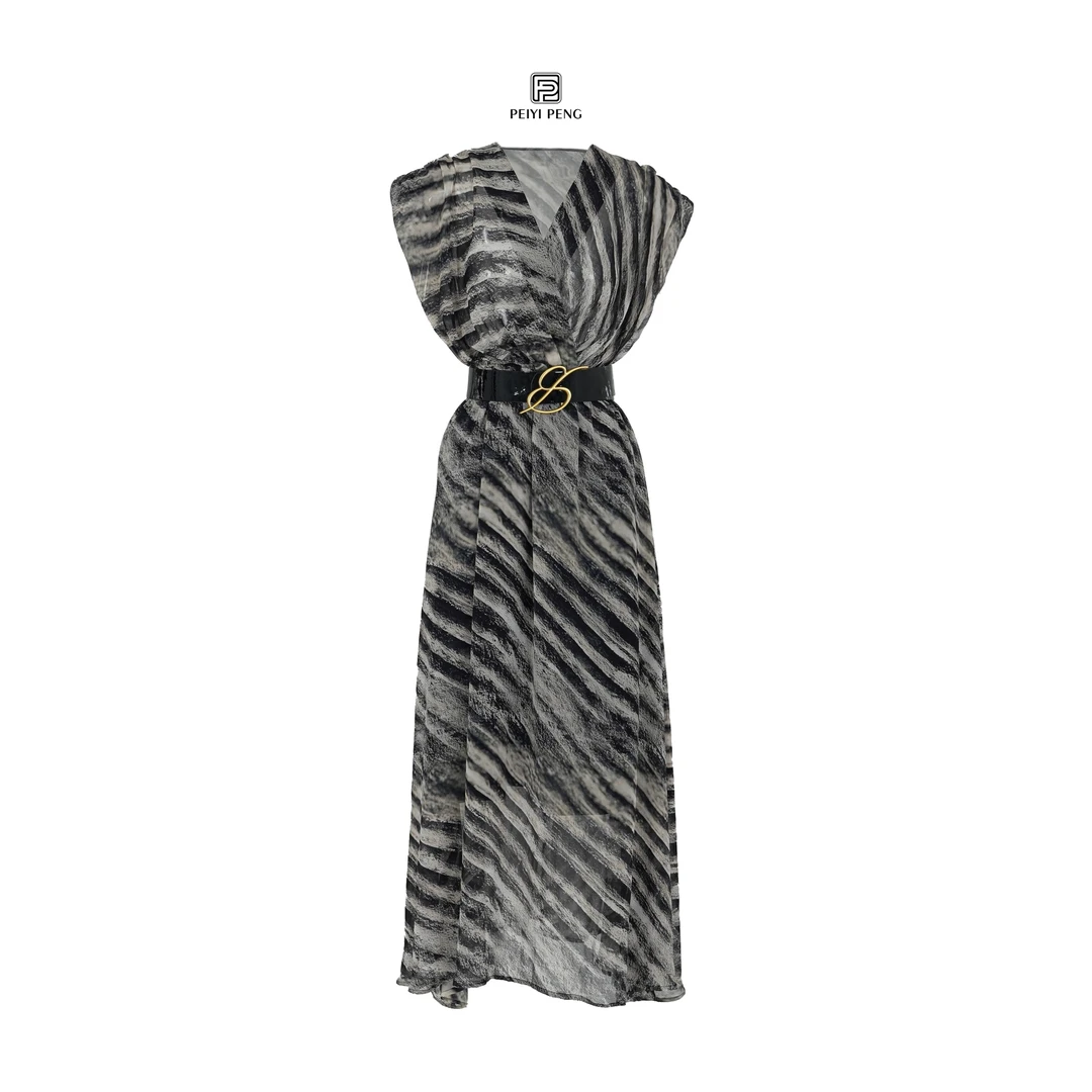 PPY-936 设计师款个性气质时尚女士复古条纹连衣裙【带腰带】