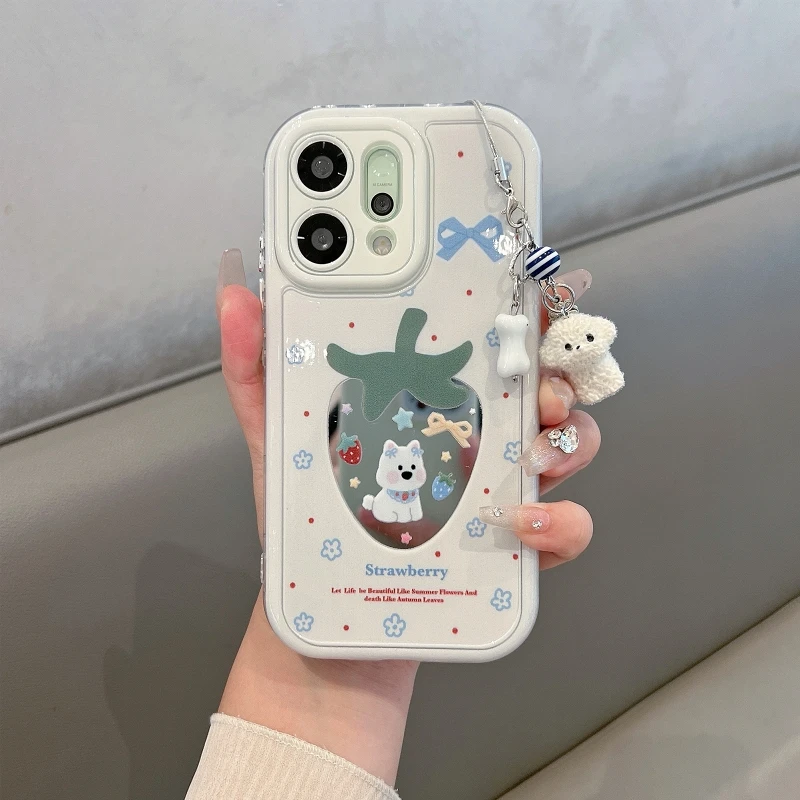 适用opporeno14手机壳新款reno14pro镜面可爱草莓小狗防摔女款ins