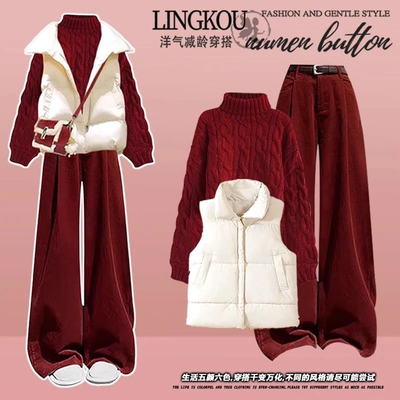 大码秋冬高级感套装女圣诞红色针织毛衣棉服马甲外套休闲裤三件套