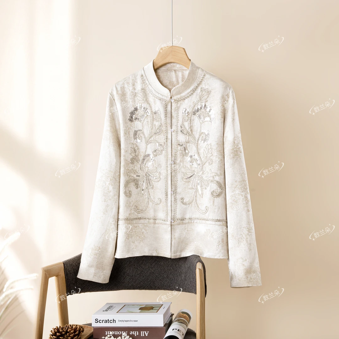【亚麻提花】高级定制面料 数兰朵新中式钉珠圆领外套精工气质长袖
