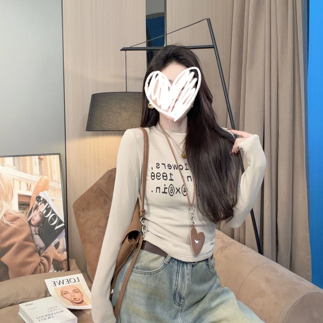 烬【SuSuqueen】韩版复古字母印花长袖T恤女冬季新款修身显瘦T恤