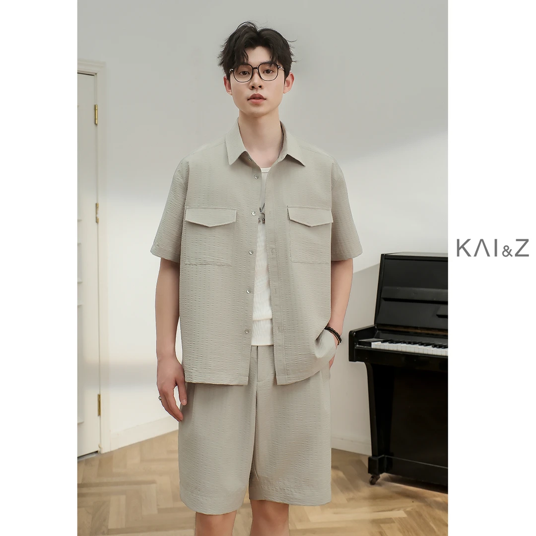 凹凸纹理垂顺短袖衬衫外套男夏季2025新款款潮流薄款两件套装短裤