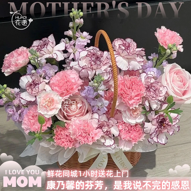 5.11母亲节专属定制花礼【春风有馨】康乃馨混搭手提花篮送妈妈长辈母亲节礼物鲜花小时达同城送花上门免费配送
