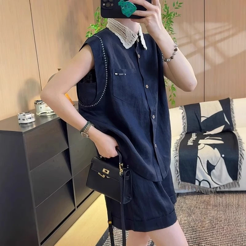2025夏季新款超好看洋气亚麻蕾丝翻领无袖衬衫上衣+短裤两件套女