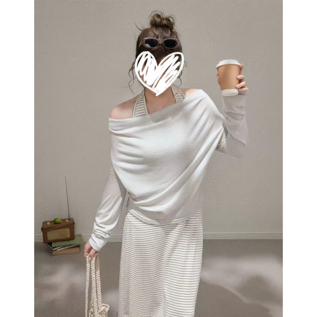 大码女装新款挂脖高腰长袖外批连衣裙荡领法式无袖条纹