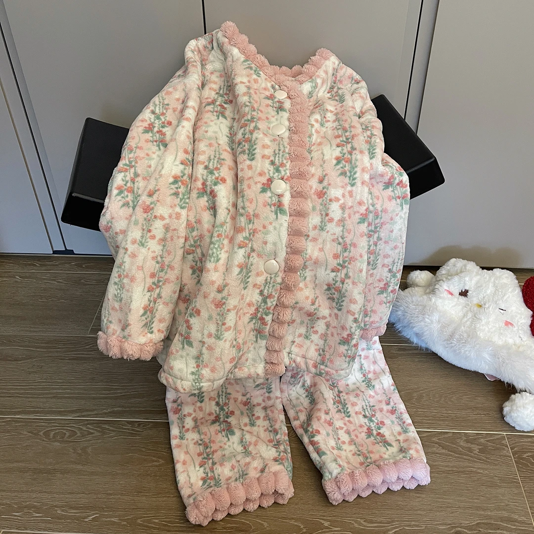 粉色花朵睡衣女珊瑚绒冬季加绒加厚日系ins法兰绒保暖家居服套装