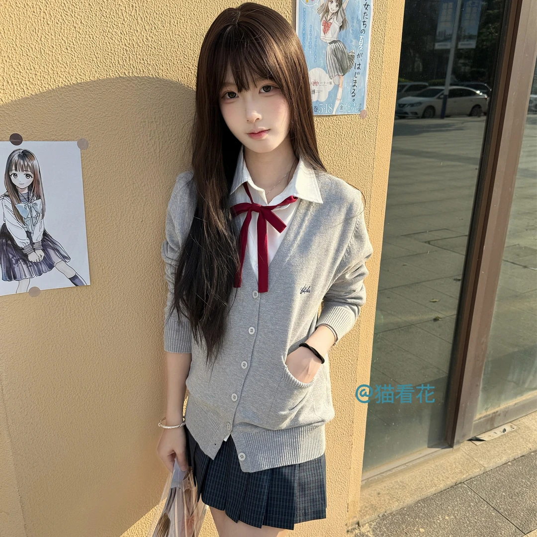 猫看花jk制服多色棉开衫针织衫外套学院风长袖毛衣上衣