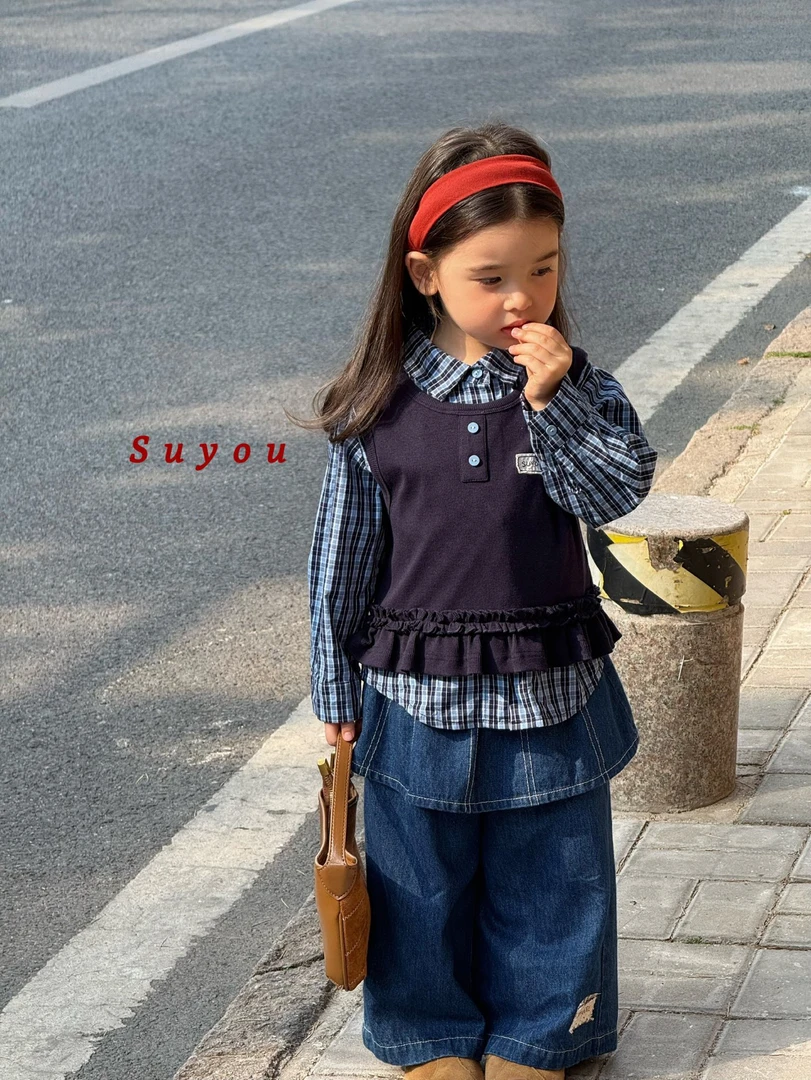 苏右2025秋新款韩版女童小童格子长袖衬衫针织马甲宝宝阔腿牛仔裤