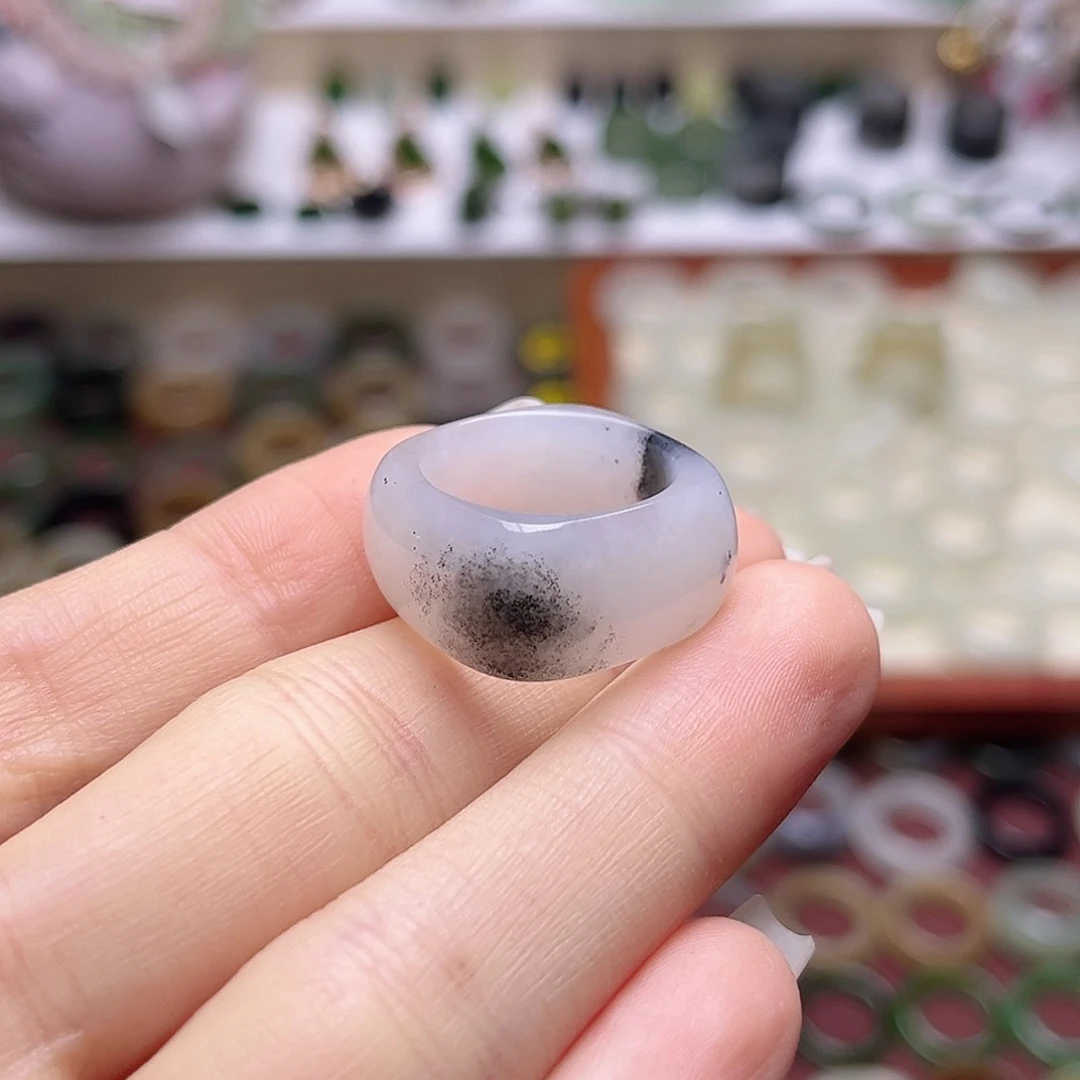 和田玉戒指未镶嵌17.0聚墨青花