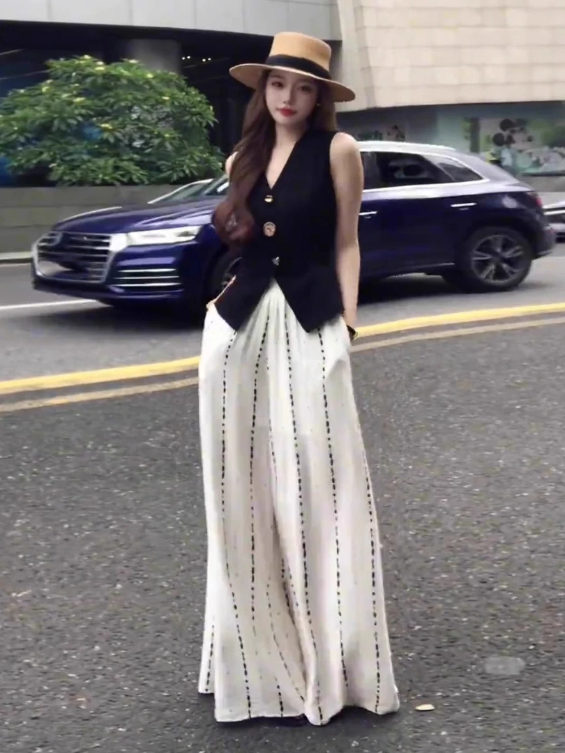 法式休闲风时尚套装网红套装夏季白色裤子垂感女装上衣阔腿裤洋气