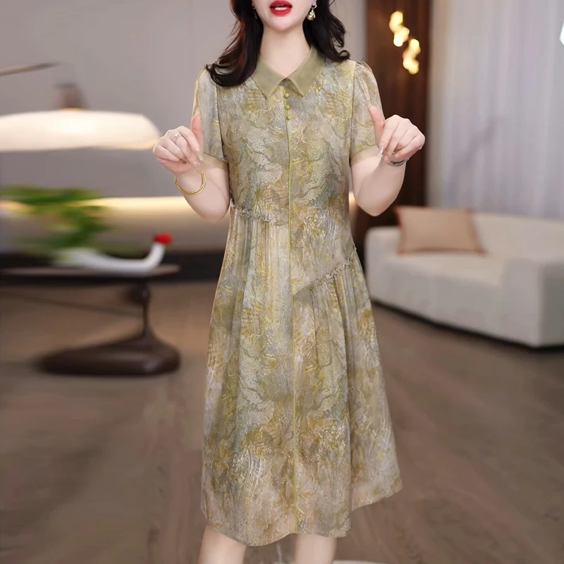 爆款时尚印花娃娃领连衣裙女装2025年新款夏轻奢高级高端品牌裙子