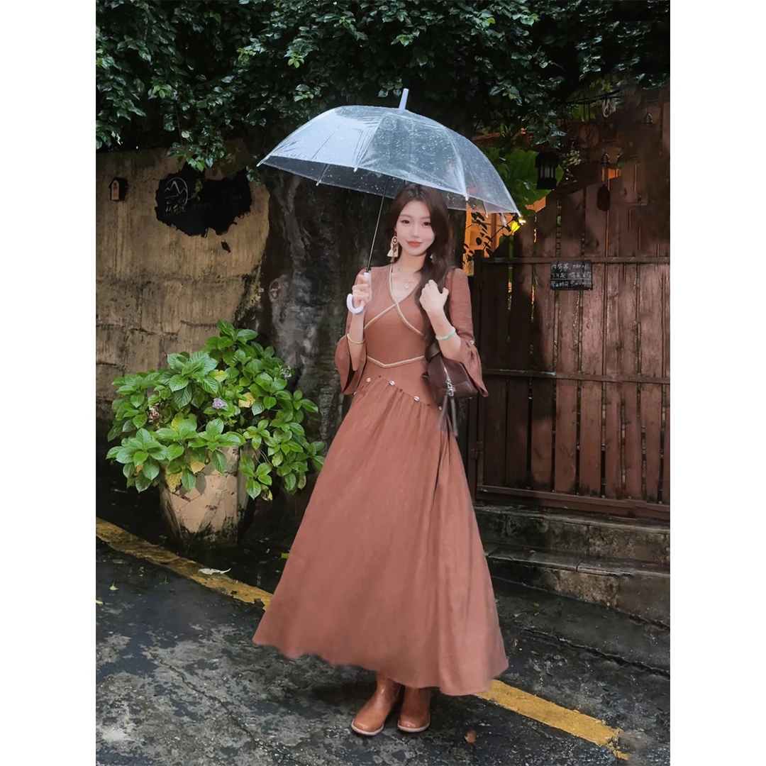 凌茜恣禾【秋眠晓】国风新中式棕色马甲连衣裙套装气质优雅显瘦旗袍