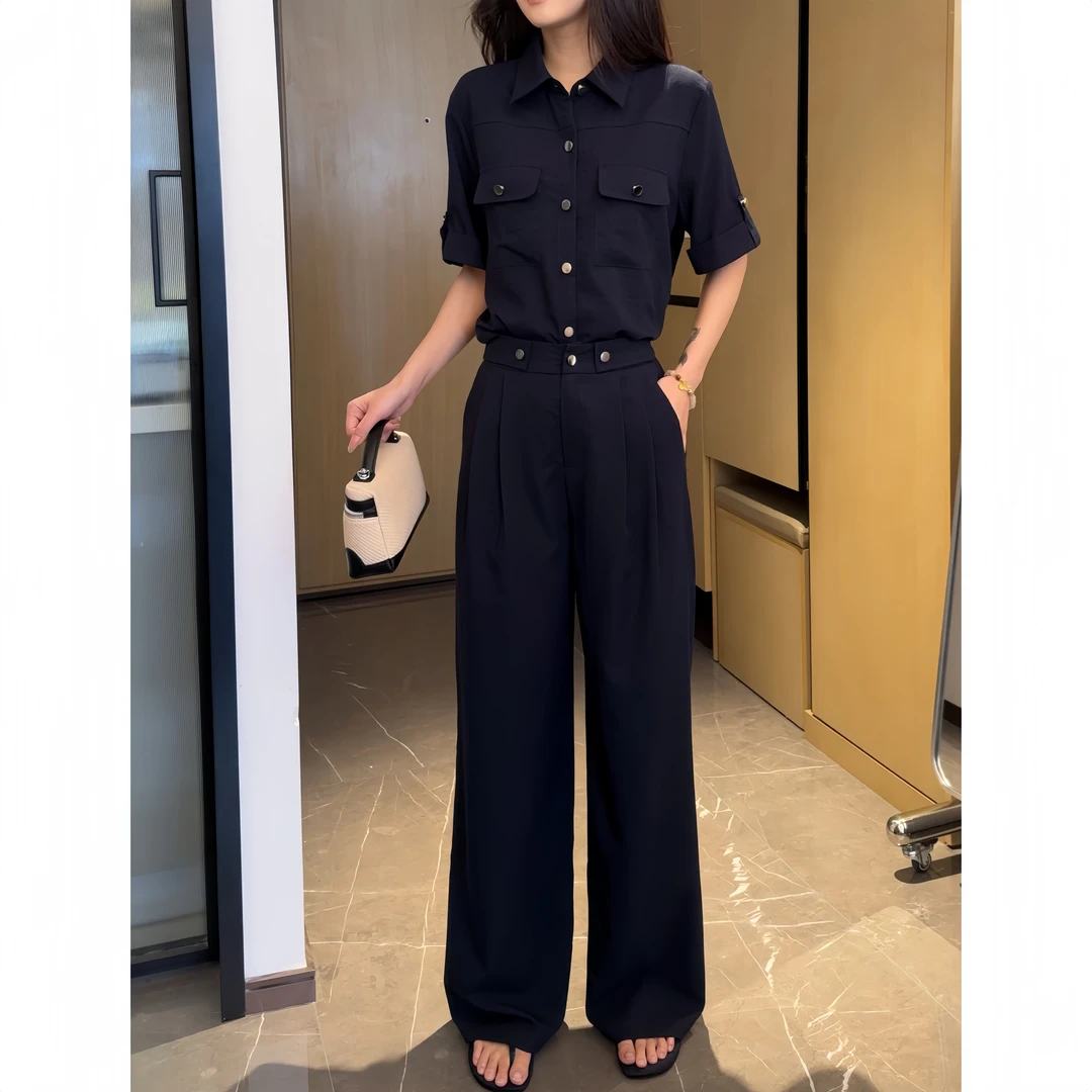 2025夏季新款时尚套装女帅气双排扣上衣宽松显瘦阔腿裤休闲两件套