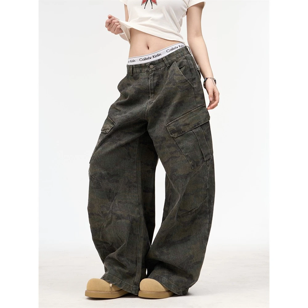 美式复古迷彩工装裤小众设计弯刀裤男女宽松百搭镰刀裤情侣休闲裤