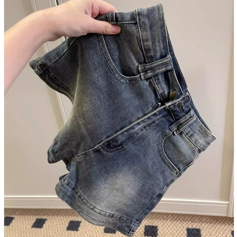 美式复古高街牛仔短裤2025春季新款辣妹高腰修身显瘦做旧a字热裤