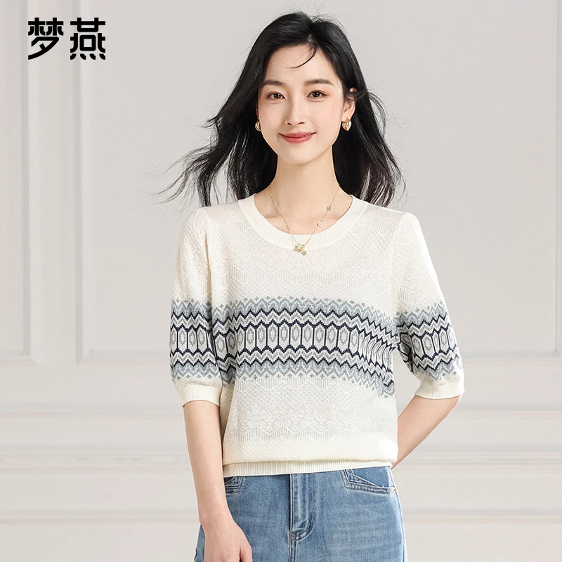 梦燕春夏女款时尚百搭提花条纹宽松型针织百搭半袖T恤BC01B5037D