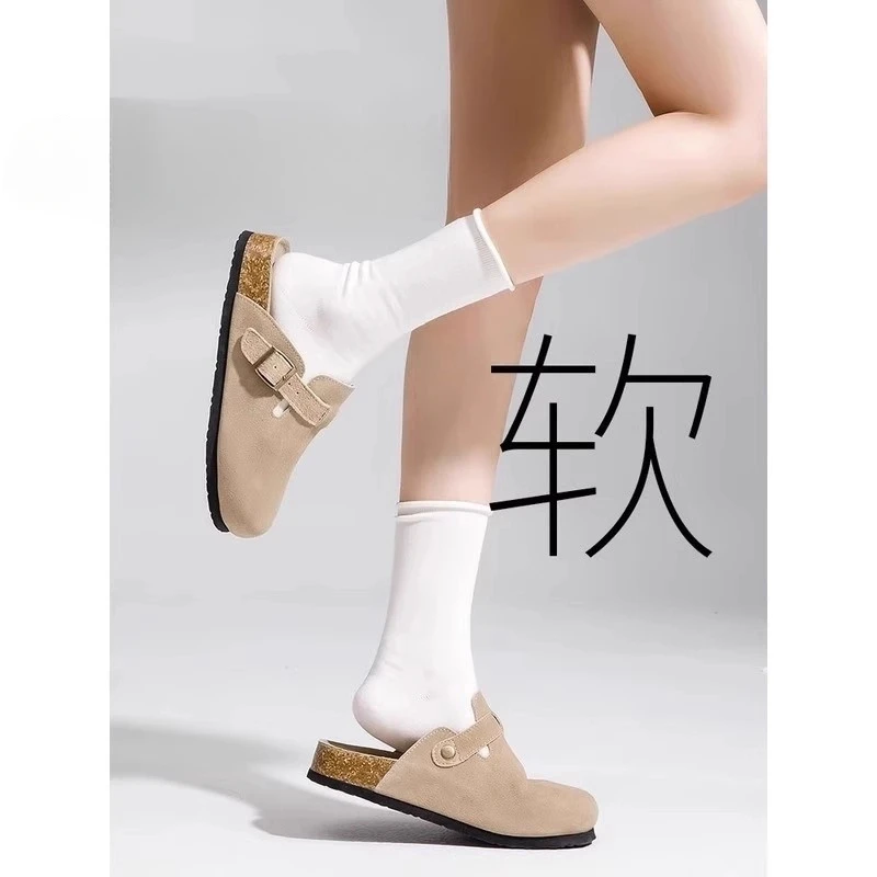 三福勃肯鞋女百搭2025春秋新款厚底包头半拖鞋外穿一脚蹬懒人单鞋