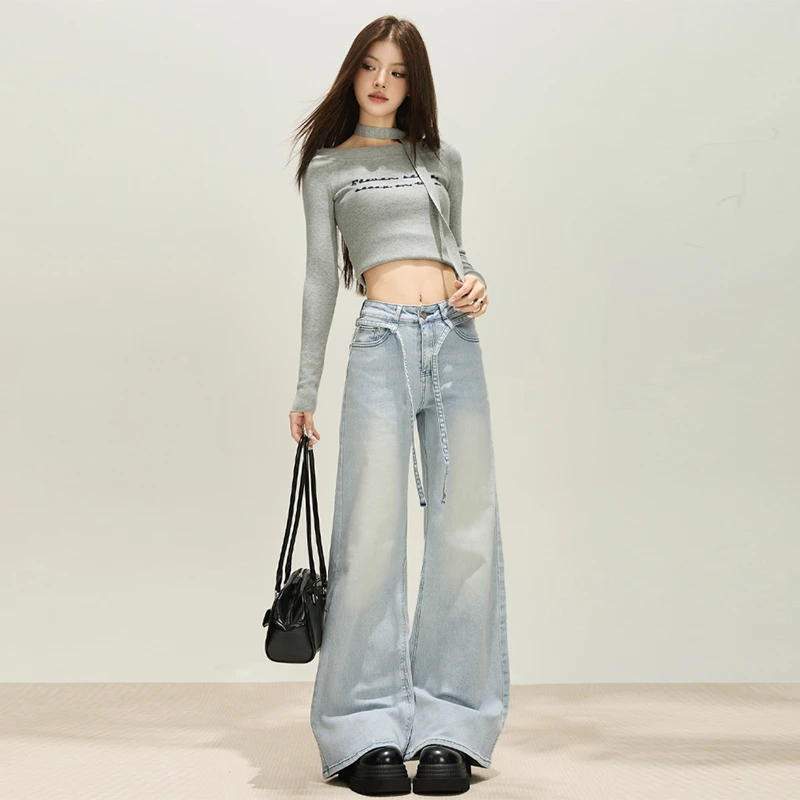 早秋新款微喇弹力牛仔裤女不贴腿马蹄高腰显瘦宽松阔腿喇叭裤浅蓝