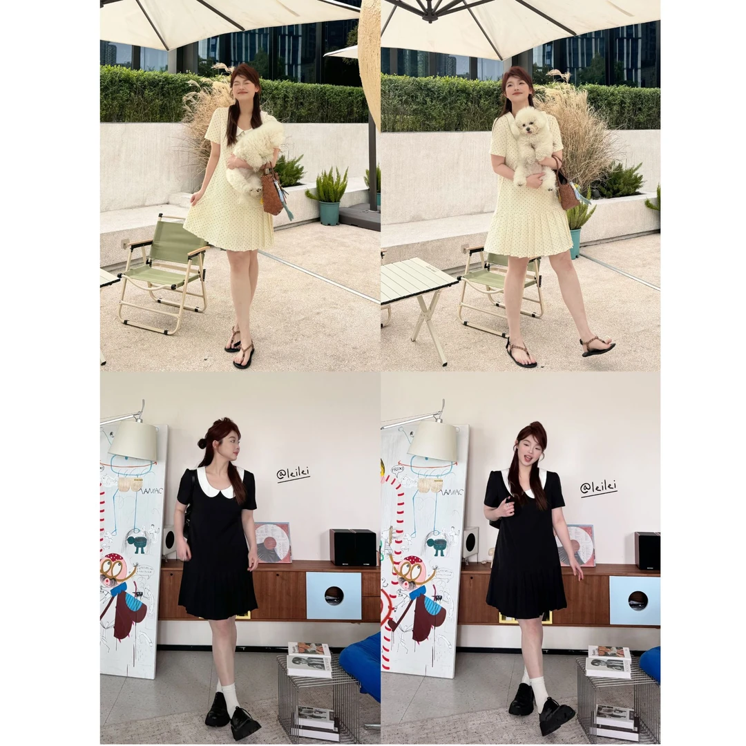 【爱丁堡情书】下摆拼百褶娃娃领短袖减龄A字连衣裙时尚