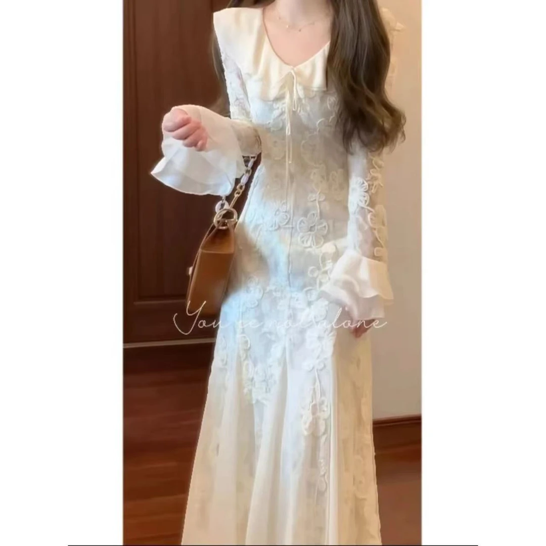 法式高级感轻奢蕾丝连衣裙女春装清纯掐腰长裙气质收腰鱼尾礼服裙