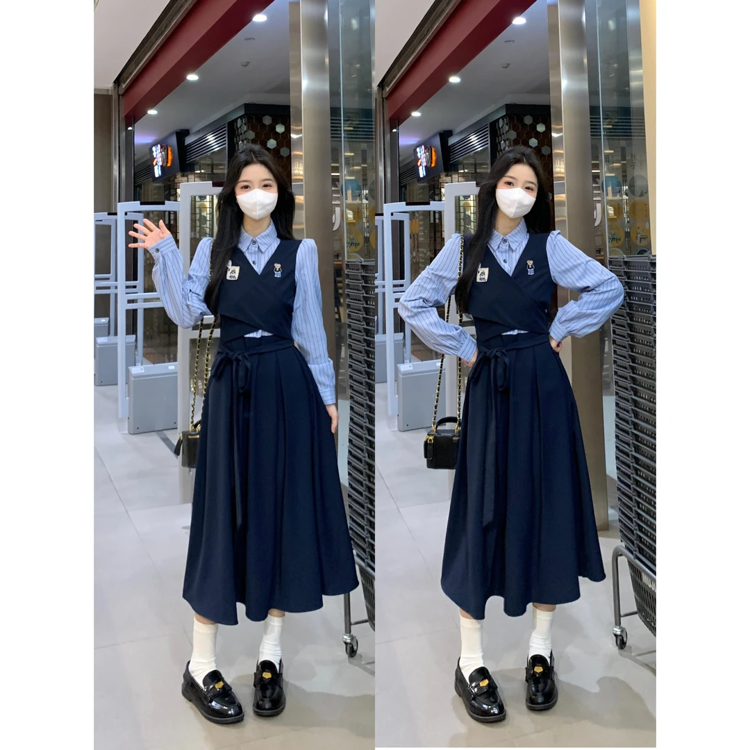2025大码学院风长袖连衣裙女春季新款法式小个子教资面试穿搭长裙