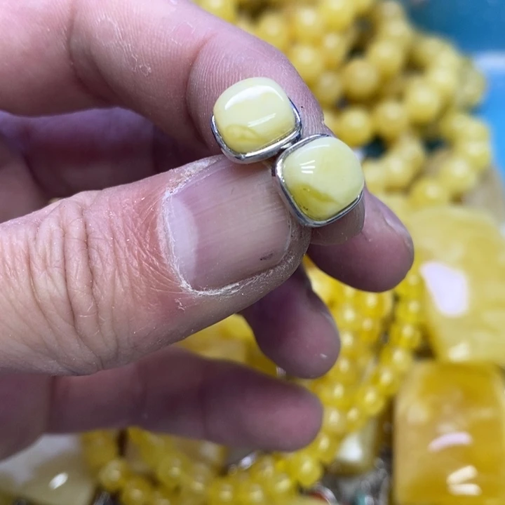 蜜蜡裸石银S925镶嵌耳钉