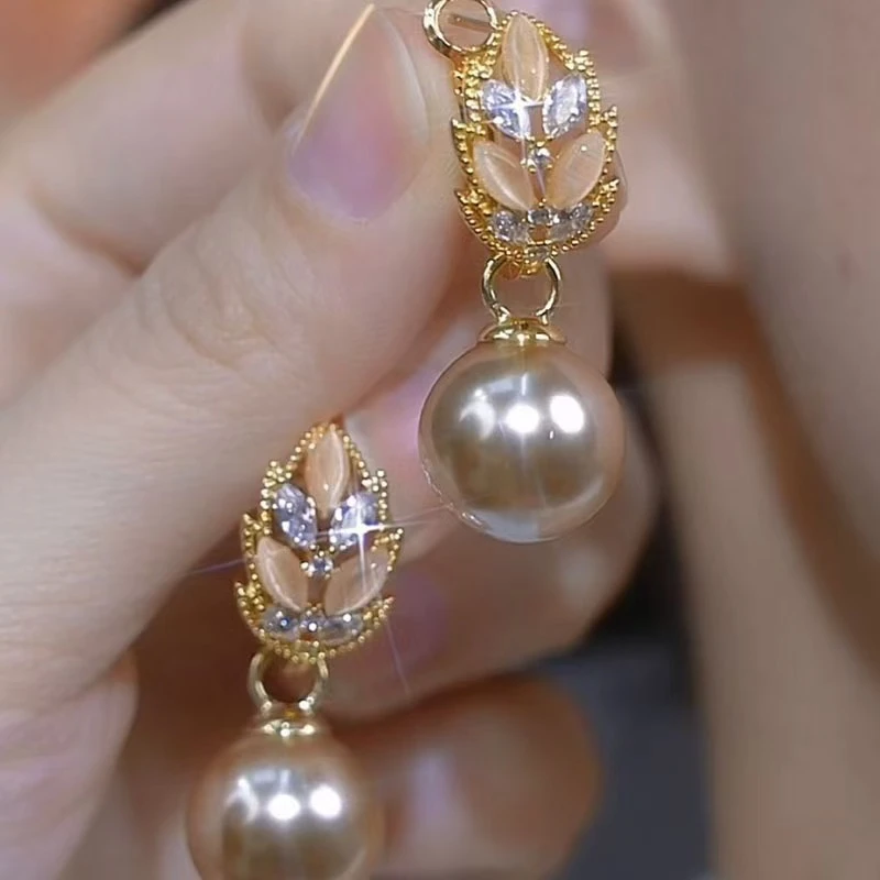 合金无非金属耳饰 香槟色珠珠耳扣耳环女2024秋冬新款设计感耳坠